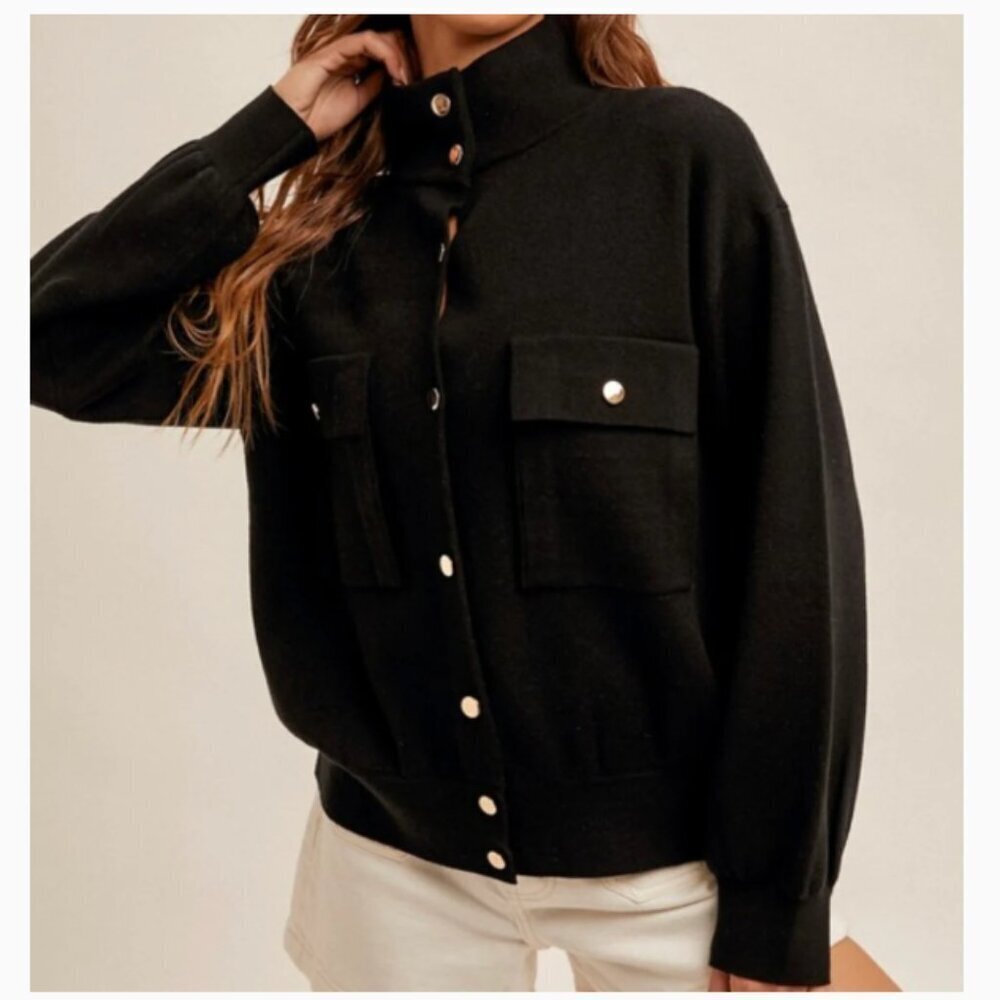 Marled Sweater Jacket - Black with Silver Buttons